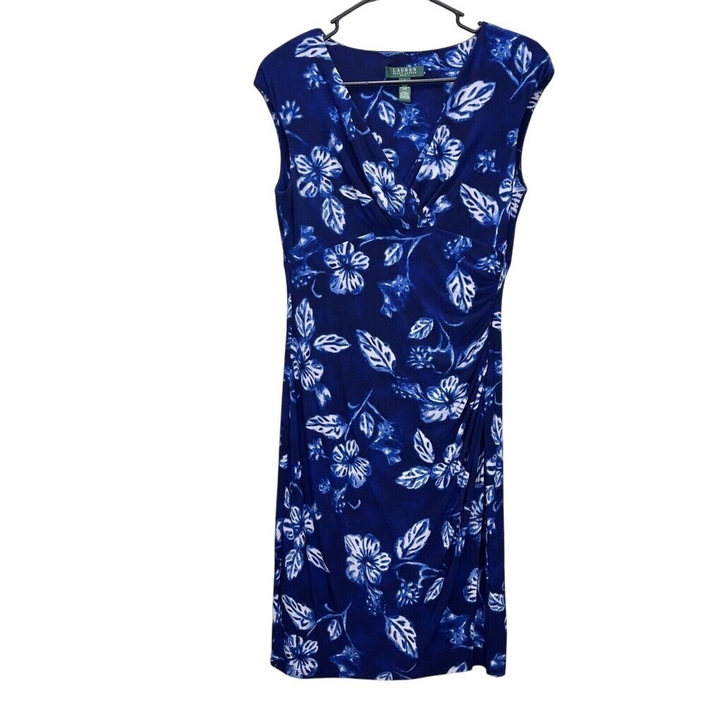 Ralph Lauren Blue White Floral Faux Wrap Sleeveless Dress Size 8 - Picture 2 of 8